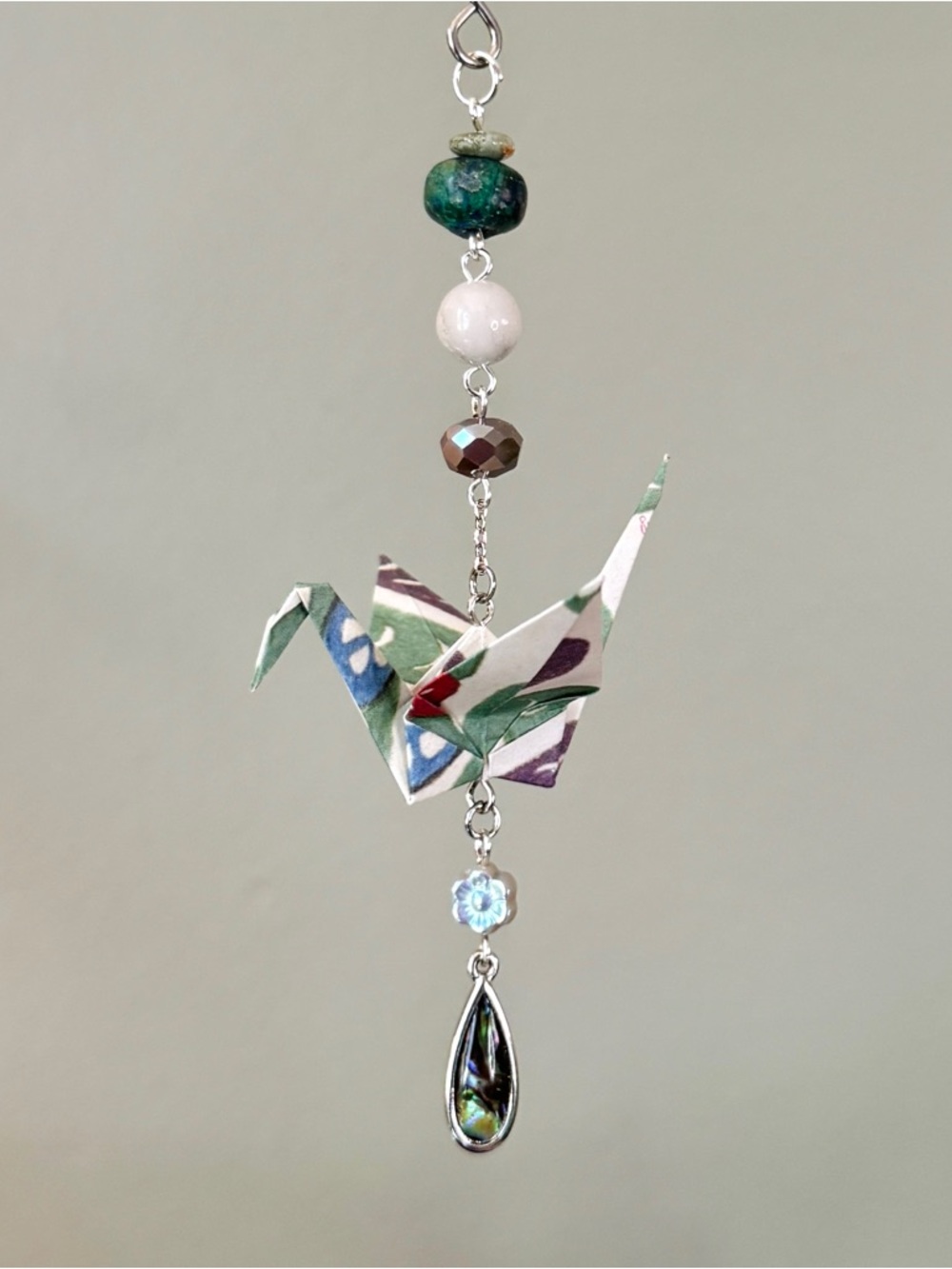 Origami Ornament #2440 - Small Crane with Repurposed Pendant